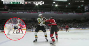 Screenshot of a televised ice hockey game between London and MJ. Two players are engaged in a fight on the ice, with one player in a yellow and green jersey and the other in a red and black jersey. A circular insert shows a close-up of the same fight.