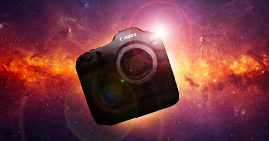 A canon eos r1 camera floating in front of a vibrant cosmic background with hues of purple, orange, and yellow, highlighted by a lens flare and celestial ambiance.