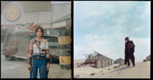 Two side-by-side photos depict a post-apocalyptic setting. The left photo shows a woman in rugged attire, standing in front of a damaged gas station and sandbagged vehicle. The right photo features a cloaked figure with a mask, walking through a deserted, dilapidated area.