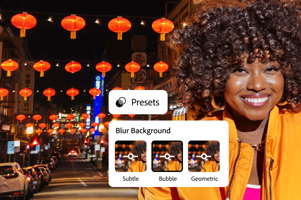 A person with curly hair and a bright orange jacket smiles in a street decorated with hanging red lanterns at night. A photo editing interface shows the "Blur Background" option with three preset choices: Subtle, Bubble, and Geometric.
