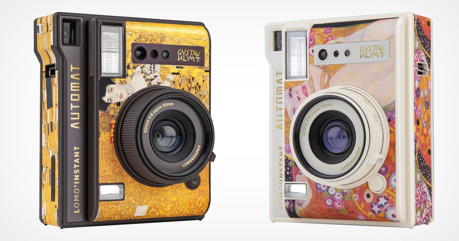 Two instant cameras from the Lomo'Instant Automat series. The camera on the left features Gustav Klimt's The Kiss with a black and gold design, while the camera on the right has a light color scheme with Klimt's The Maiden artwork.