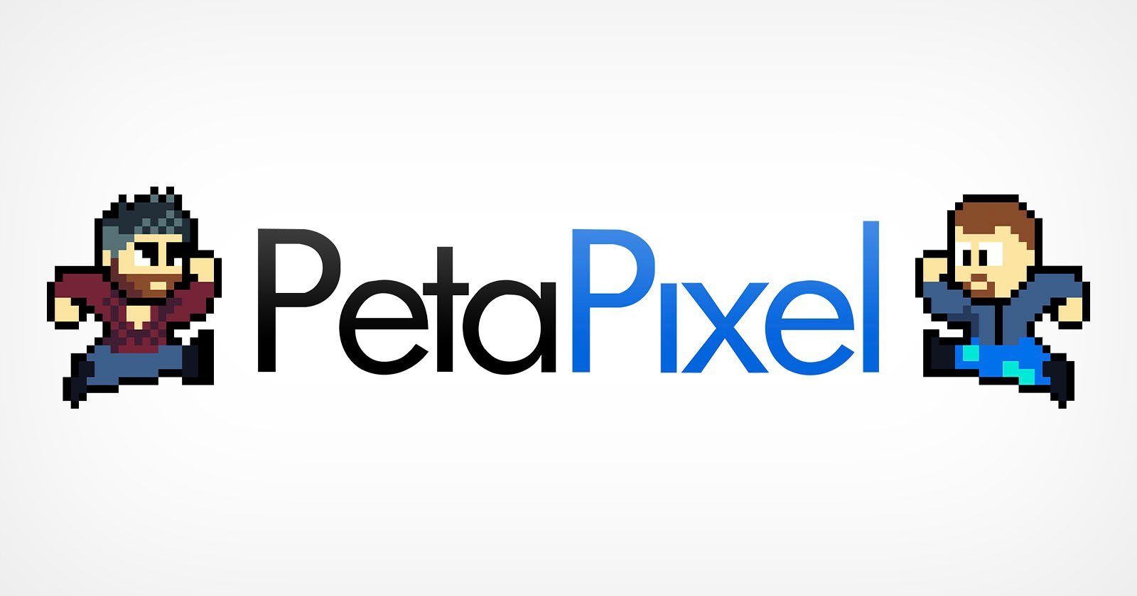 Logo of petapixel featuring pixelated characters, one in blue clothing on the right, and another in gray on the left, against a simple white background.