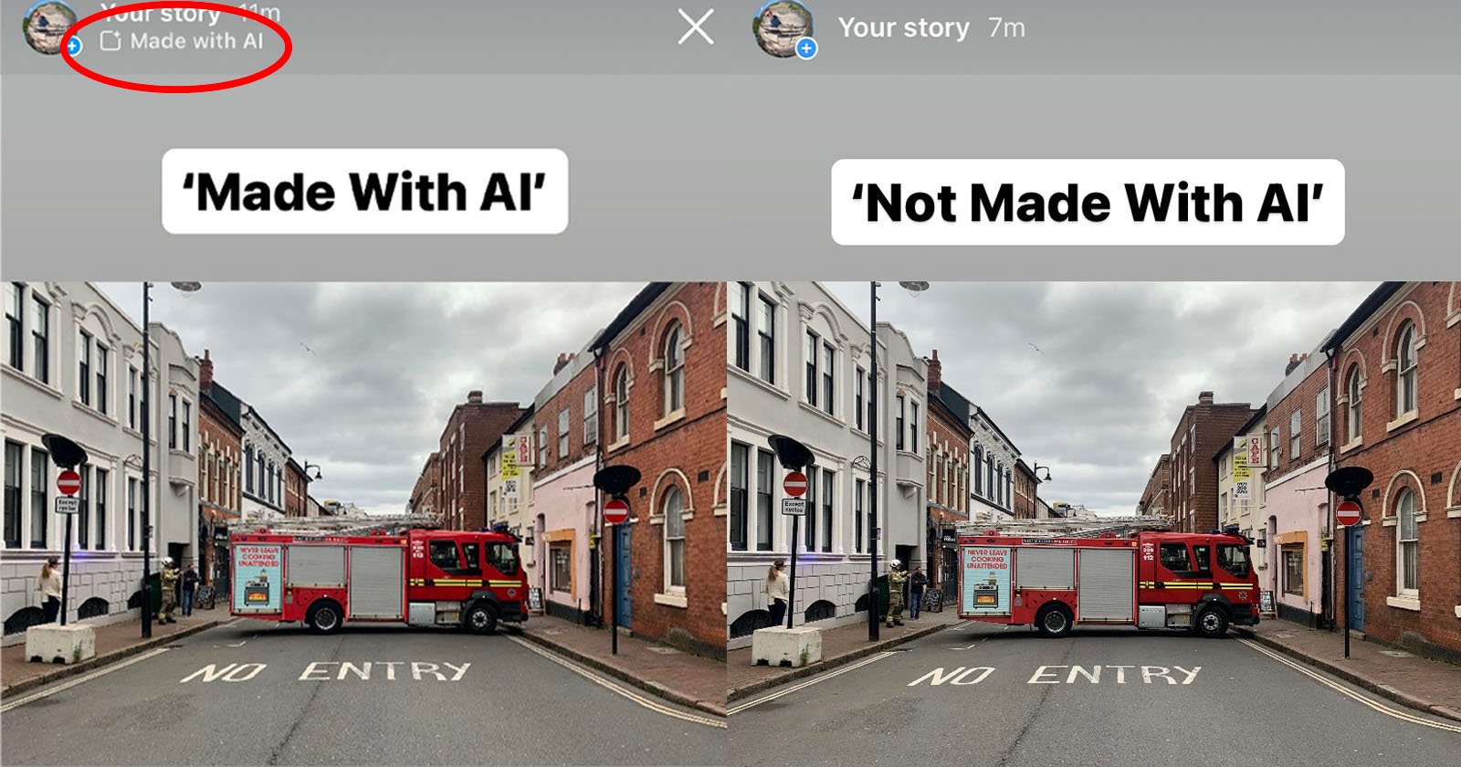 A split-screen image comparing two photos of the same street. The left side, labeled Made With AI, features a street with a red firetruck. The right side, labeled Not Made With AI, shows the same street without the firetruck.