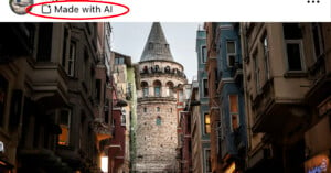 An image of a street scene in front of the Galata Tower in Istanbul. The tower stands tall with its iconic conical roof, surrounded by multi-story buildings. A label at the top of the image reads "Made with AI" in an upper corner.