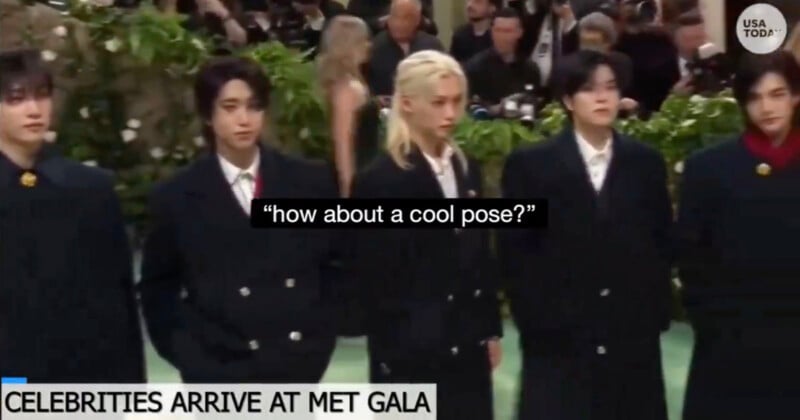 Five individuals standing side by side in formal attire at the met gala event, with a caption "how about a cool pose?" overlaying the image.