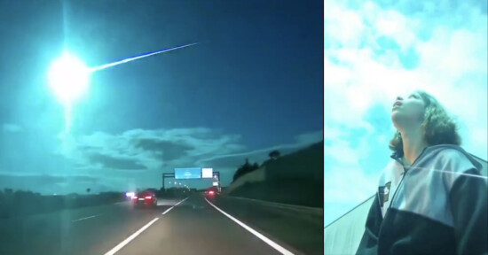 A composite image showing a meteor blazing across the sky over a highway at night on the left, and a person looking up at the sky during the day on the right. The meteor emits a bright light, and vehicles are seen on the highway below it.
