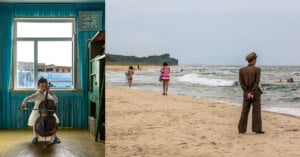 A split image: on the left, a young girl plays the cello in a blue room with a clock showing 10:10 AM; on the right, a man in a uniform stands on a beach with hands clasped behind his back, as people swim and walk along the shoreline.