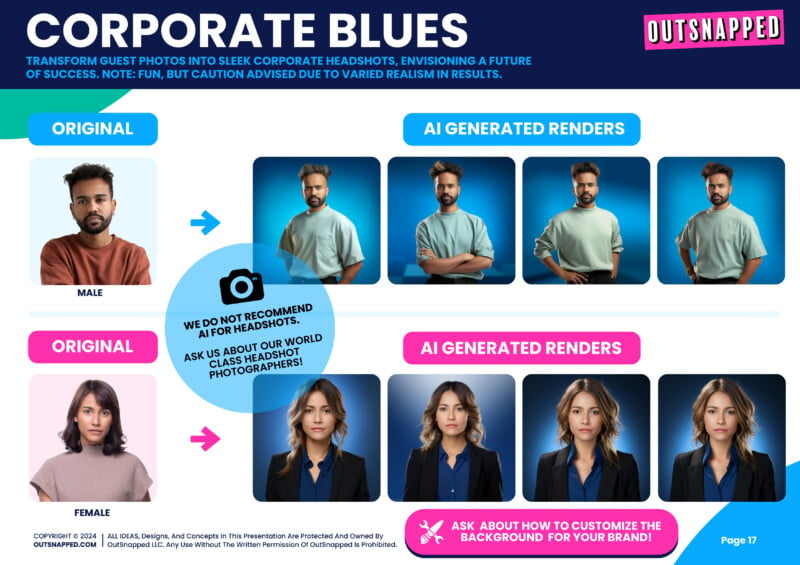 A guide titled "Corporate Blues" showcases how AI-generated renders transform generic photos into polished corporate headshots. The image compares an original male and female photo with their AI-generated versions in various poses and backgrounds.