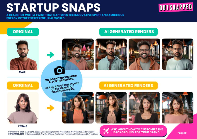 An advertising image for Outsnapped features male and female headshots alongside AI-generated renders of the same individuals. Text highlights the recommendation for original headshots by professional photographers and includes customization background options.