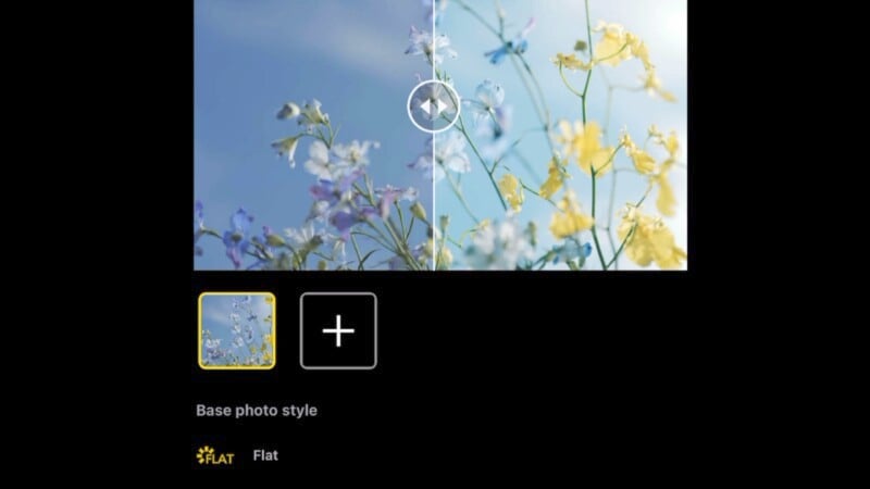 A photo editing interface showing a split-image of flowers against a blue sky with color adjustments applied on the right side. Below the image are a thumbnail of the original photo, a plus sign for adding new styles, and an option labeled "Flat" for the base photo style.
