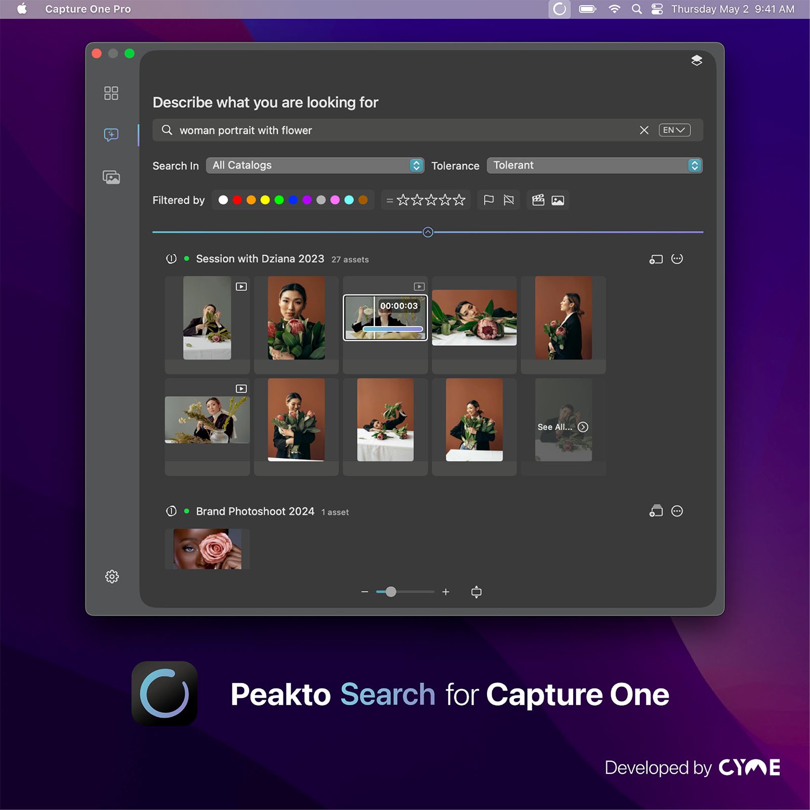 A screenshot of capture one pro interface showing a photo search screen titled "peekato search for capture one." various thumbnails of floral arrangement photos in a session are displayed.