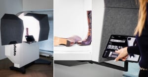 A dual-image showing a professional photography setup with a specialized booth on the left, and a close-up of a person using a tablet to control the photo session of shoes on the right.