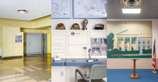 A composite image features three scenes: a yellow room with patterned walls and a double door, a control room with a wall of switches and military helmets, and a display with an American flag, podium, and painting of the White House.