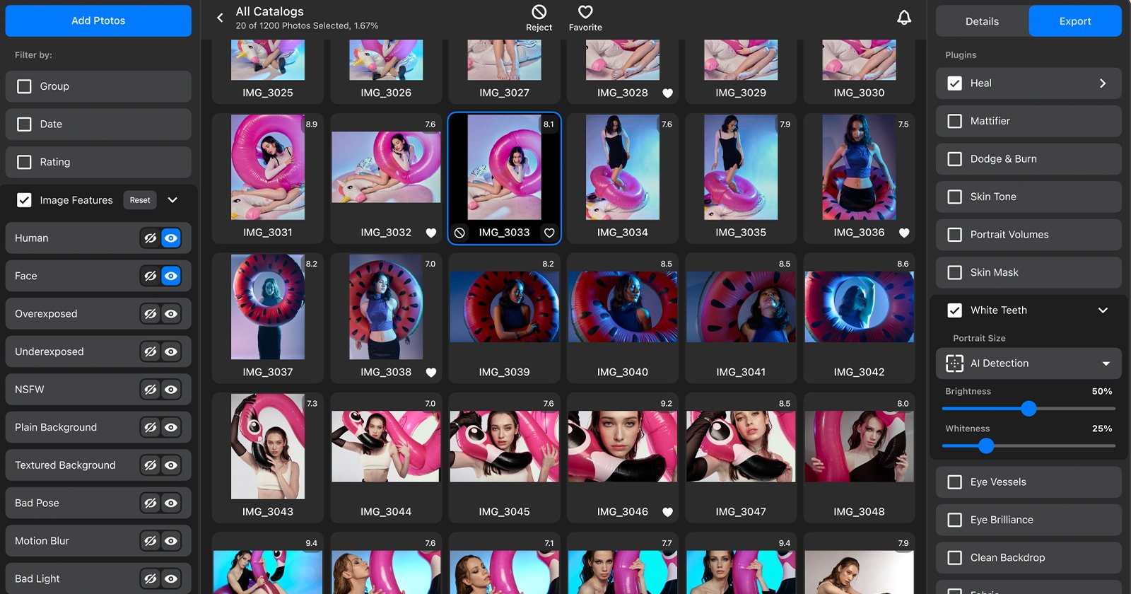 A screenshot of a photo management software interface shows various photos of a model in different poses and outfits. There are multiple thumbnail images displayed in a grid. The right side of the interface has options for editing, such as filters and adjustments.
