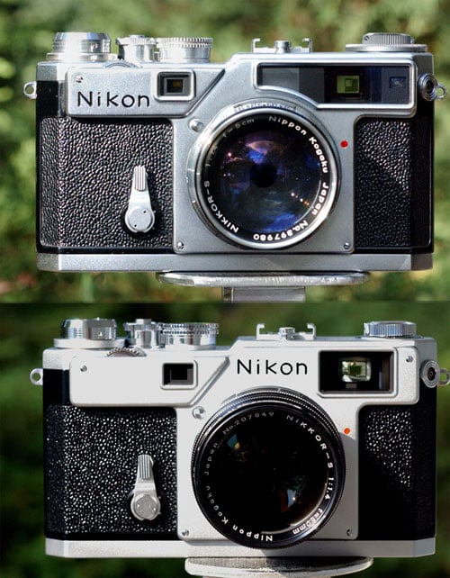 Two close-up images of a classic Nikon camera are shown. Both images feature the front view of the camera with the lens prominently displayed. The camera body has a textured black grip and silver metallic detailing. The images capture the camera placed against a natural green background.