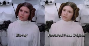 Side-by-side comparison of a scene from Star Wars. Left image labeled "Blu-ray" shows Princess Leia in a white outfit with defined, slightly darker colors. Right image labeled "Restored From Original" depicts the same scene with softer, more natural tones. Stormtroopers are in the background.