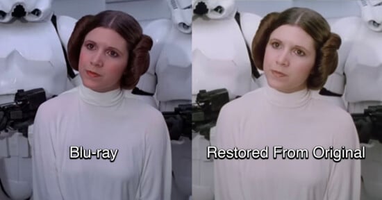 Side-by-side comparison of a scene from Star Wars. Left image labeled "Blu-ray" shows Princess Leia in a white outfit with defined, slightly darker colors. Right image labeled "Restored From Original" depicts the same scene with softer, more natural tones. Stormtroopers are in the background.