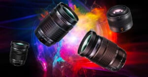 Four camera lenses floating against a vibrant, cosmic background with colorful explosions of blue, red, and green nebula-like effects.