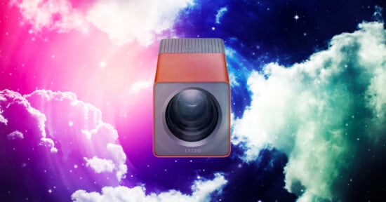 A Lytro camera floating in a vibrant, surreal sky filled with colorful clouds and stars. The camera is centrally placed, with a clear focus on its lens and a gradient of pink, purple, and blue hues in the background.