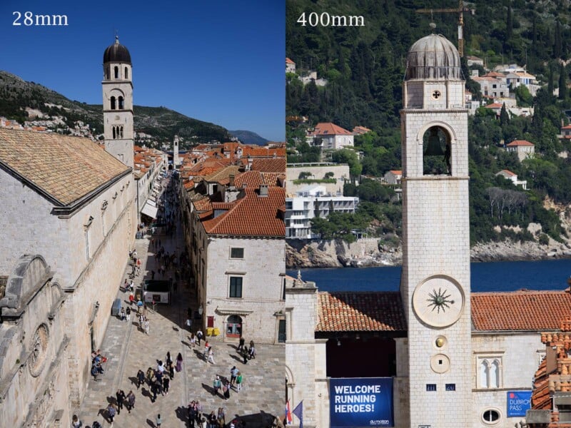 Split-screen image showcasing the difference between a 28mm and a 400mm camera lens. The 28mm lens captures a wide, elevated view of a bustling city street with historic buildings, while the 400mm lens focuses closely on a clock tower with detailed architecture.