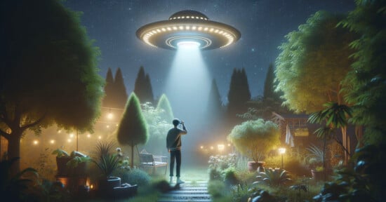 A person stands in a garden at night, facing a large ufo emitting a beam of light. the scene is illuminated by string lights among lush greenery.