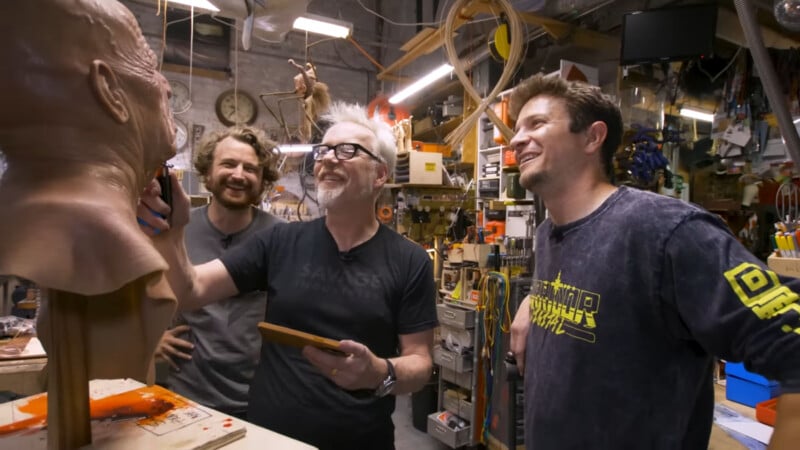 Adam Savage shows a prop knife to Niko and Wren from Corridor Digital