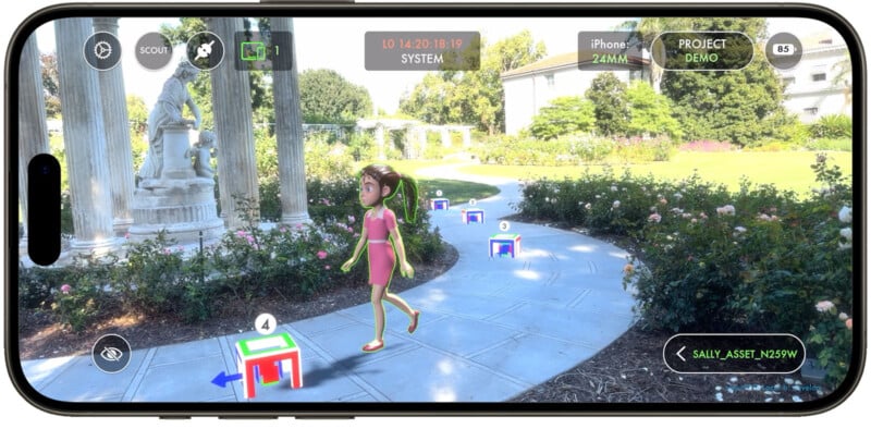 A smartphone screen displaying an augmented reality application. The app shows a 3D girl character on a garden path with Greek style columns and a statue in the background. The path is adorned with numbered cube markers. Various interface buttons and controls are visible.