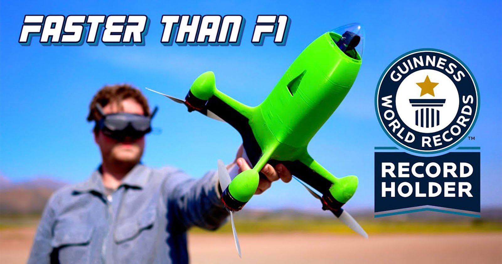 A man wearing a blindfold holds a bright green, rocket-shaped drone with "faster than f1" text, outdoors under a clear sky. "guinness world records" and "record holder" logos are displayed.