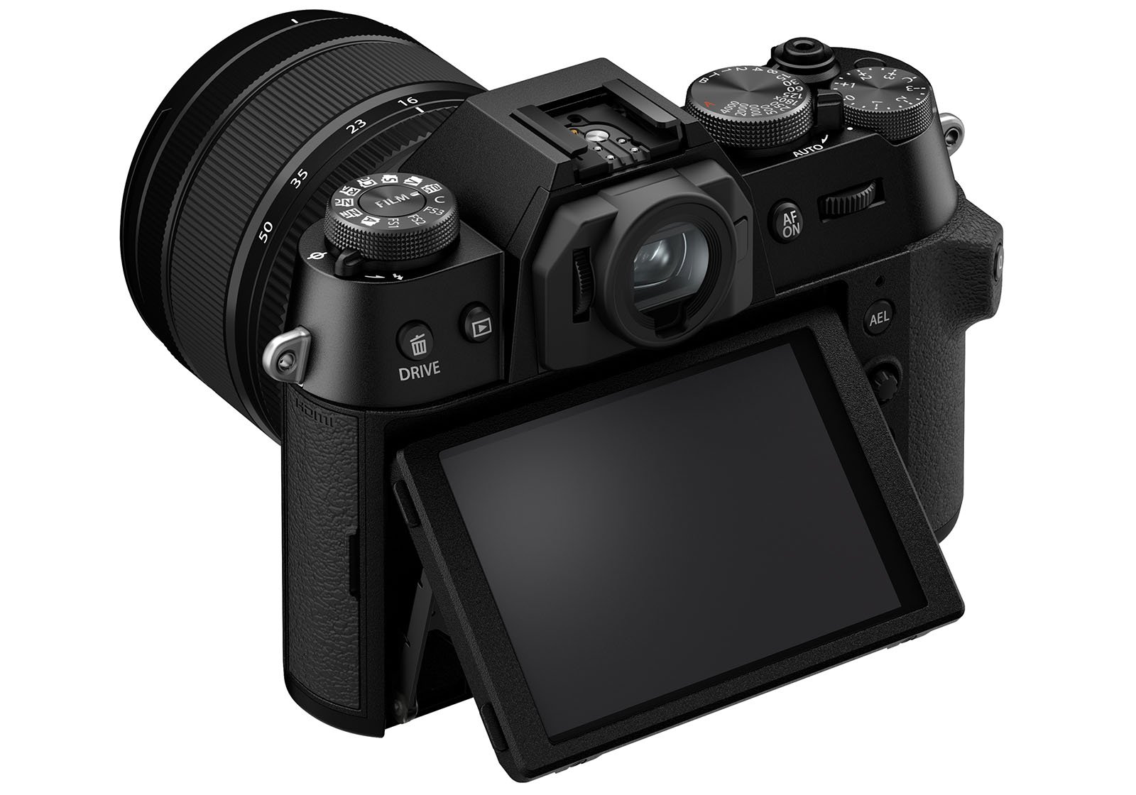 A black digital camera with a tilting LCD screen is shown from the back. The camera features various dials and buttons, including a mode dial, a viewfinder, and a large lens. The design has a textured grip and several controls for adjusting settings.