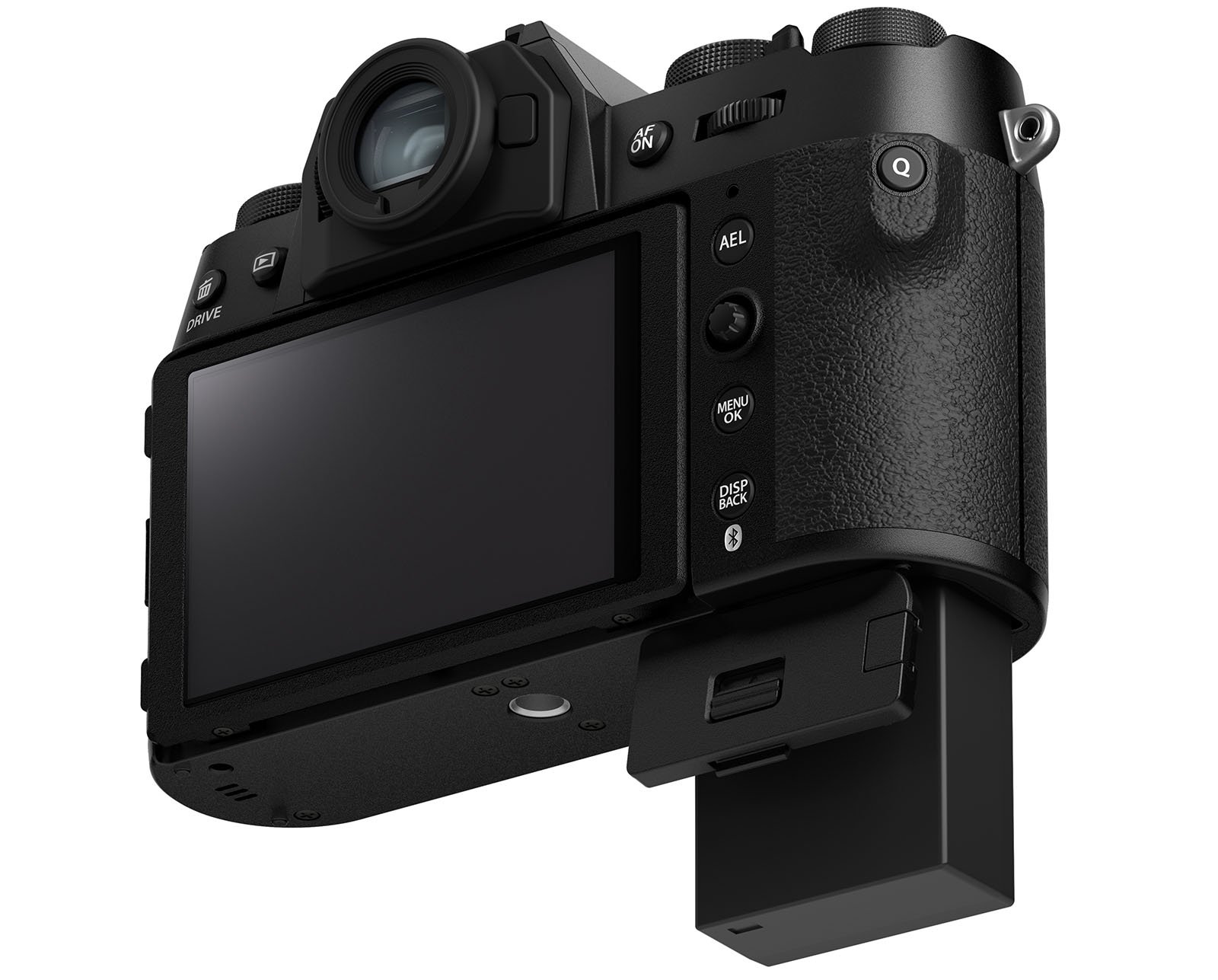 A black digital camera is shown from the back, displaying its LCD screen, control buttons, and adjustable electronic viewfinder. The battery compartment is open, and the battery is partially ejected. The body has a textured grip for better handling.