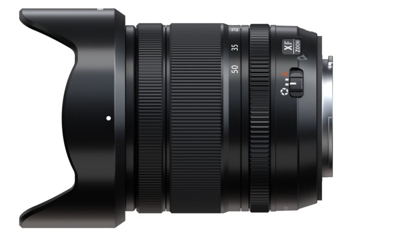 Image of a black Fujifilm XF zoom lens with a lens hood, showcasing detailed focus and zoom rings. The lens is horizontally oriented, and the markings show focus distances ranging from 18 to 55mm.
