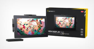 A digital drawing tablet by xencelabs displayed next to its packaging box which highlights the same vibrant, colorful artwork featured on the tablet’s screen. a stylus is also shown in front.