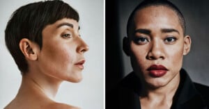 Side-by-side portraits of two women: the first with short dark hair in profile view, and the second facing forward, with very short hair, wearing a black coat.