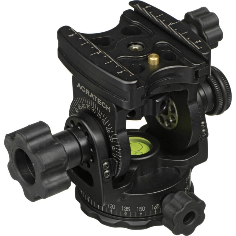 A professional black tripod head with precision scales and dials, highlighted by a prominent brand name, "acratech", and equipped with bubble level and knurled knobs.