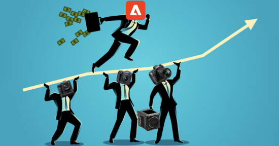 Illustration of three businesspeople with camera heads carrying another businessperson who has a road sign head toward an upward arrow, with money flying. represents support and progression in a creative or media-focused industry.