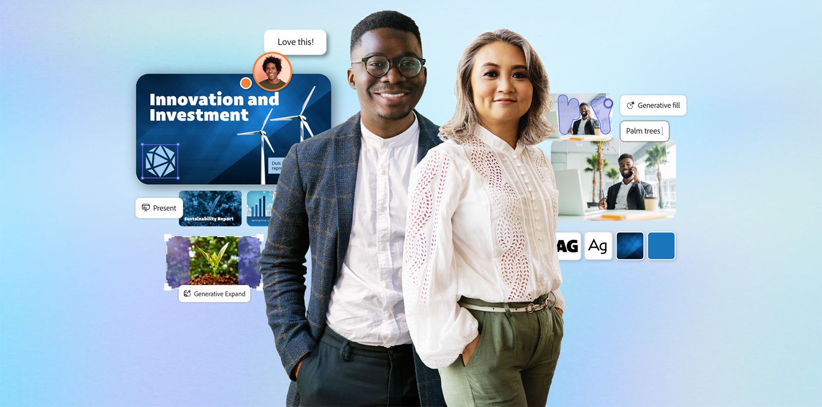 A man and a woman stand confidently, smiling in smart casual attire. Behind them are various images and icons related to innovation and investment, including wind turbines, bar charts, and a "Love this!" comment bubble. A blue gradient background sets the scene.