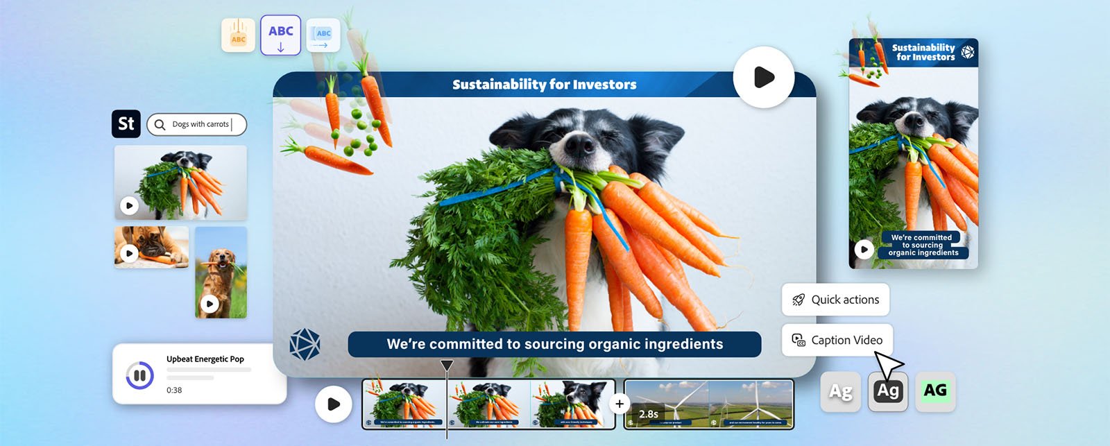 A digital marketing interface showcasing a black and white dog wearing a bunch of carrots around its neck. The text reads, "Sustainability for Investors" and "We're committed to sourcing organic ingredients." Various editing tools and media options are displayed around the image.