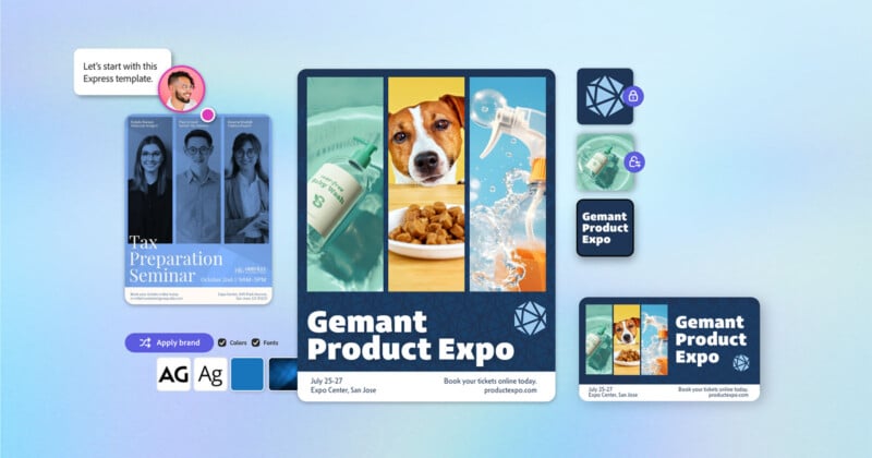 A digital collage showcases the Gemant Product Expo, featuring various design templates. The central image displays a dog, food, and a water splash. Smaller templates include a seminar flyer and branding options. Event dates, location, and booking info are highlighted.