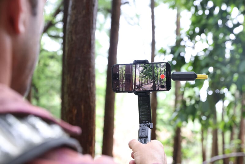 A person holds a smartphone mounted on a handheld stabilizer, recording a video in a forest. The smartphone screen shows the view of tall trees surrounding the person. An attachment is connected to the phone's charging port.