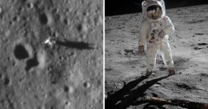 Left: a close-up image of the moon's surface showing shadows and craters. right: an astronaut in a spacesuit walking on the moon's rugged terrain, with the earth reflected in the visor.