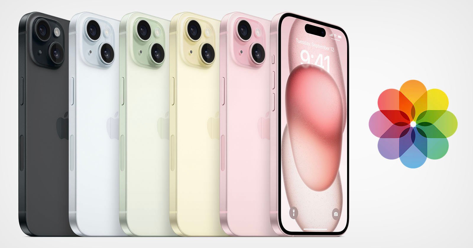 The image shows five iPhone 15 models lined up side by side in different colors: black, blue, yellow, pink, and white. Each phone has a sleek design, and one displays the home screen. A colorful flower-like icon is shown on the right side.