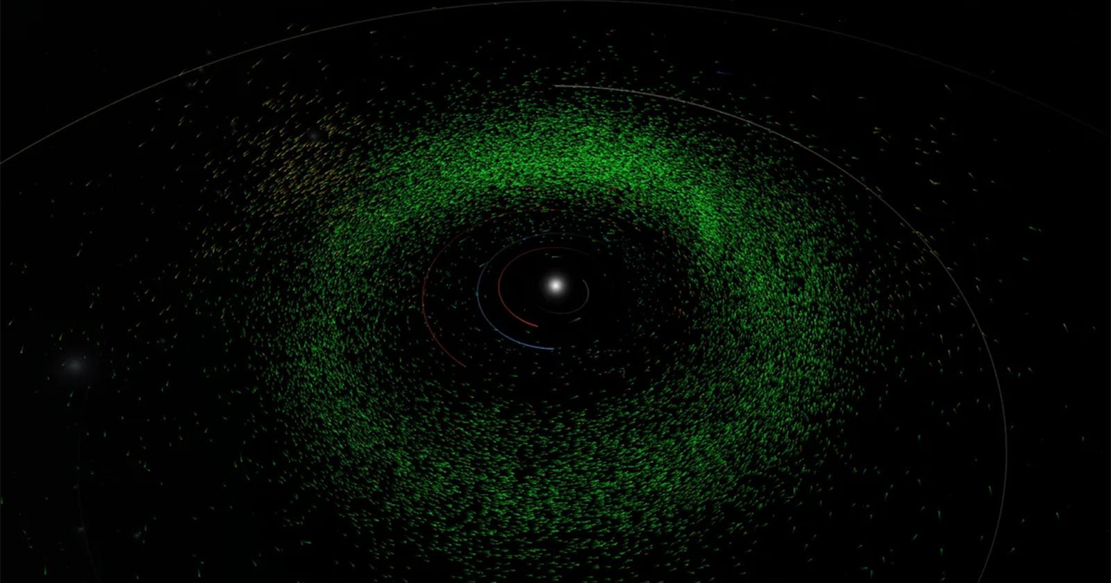 A graphical depiction of space showing numerous green dots representing space debris orbiting around earth, with earth at the center enclosed by concentric circular orbits.