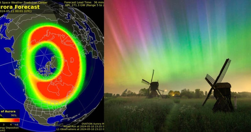 Side-by-side comparison of an aurora forecast map showing likely visibility areas, and a photo of a vivid green and purple aurora over a rustic windmill in a grassy field at night.