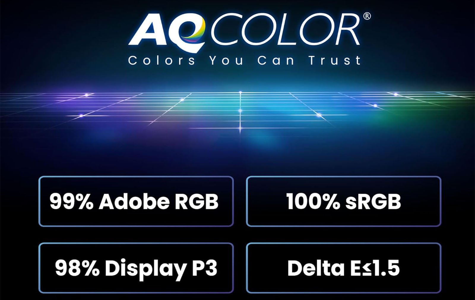Digital graphic for "aecolor" featuring text "colors you can trust" above color fidelity specs like "99% adobe rgb", "100% srgb", "98% display p3", and "delta ex1.5" against a dark background with neon lines.