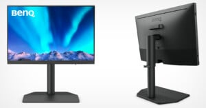 Two views of a benq monitor displaying a vibrant aurora over snowy mountains on the screen, with the front and back perspectives showing the sleek design and adjustable stand.