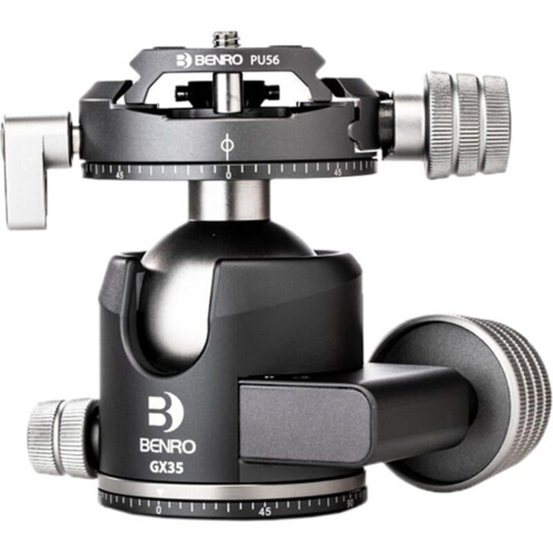 A close-up view of a benro gx35 ball head for a tripod, featuring detailed adjustment knobs, a quick-release plate, and precise angle markings.