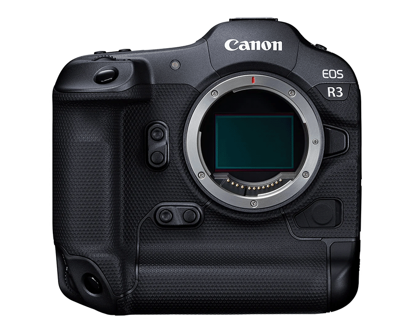 A black Canon EOS R3 mirrorless camera body is shown against a white background. The camera features buttons and dials on the front, with the lens mount prominently displayed in the center.