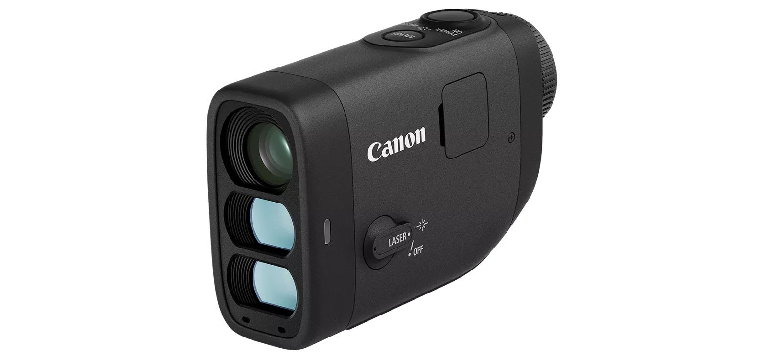 A black Canon laser rangefinder with a compact, rectangular design. It features multiple lenses on the front and control buttons on the top and side. The Canon logo is visible on the side. The device is designed for measuring distances accurately.