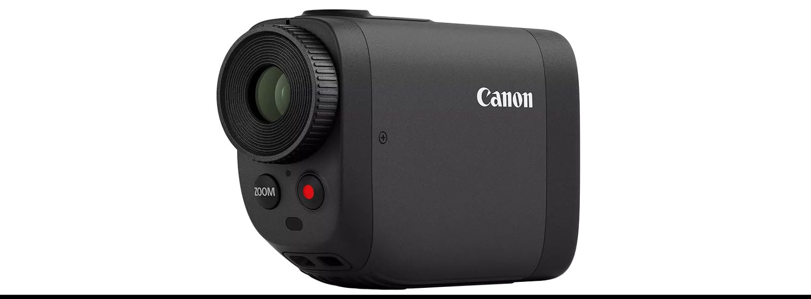 A compact black Canon camera with a prominent lens on the left side. The camera features a zoom button and a red recording button on the front. Canon's logo is printed on the side. The background is plain white.