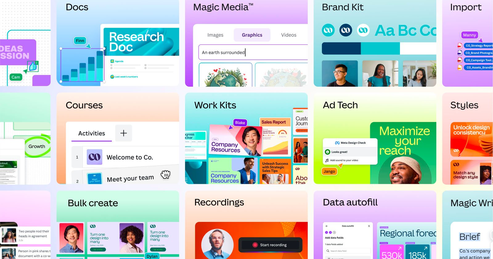 A collage of various software applications and features, including Docs, Research Doc, Magic Media, Brand Kit, Courses, Work Kits, Ad Tech, and more. Each application is represented by a colorful thumbnail image showcasing its interface and key functions.